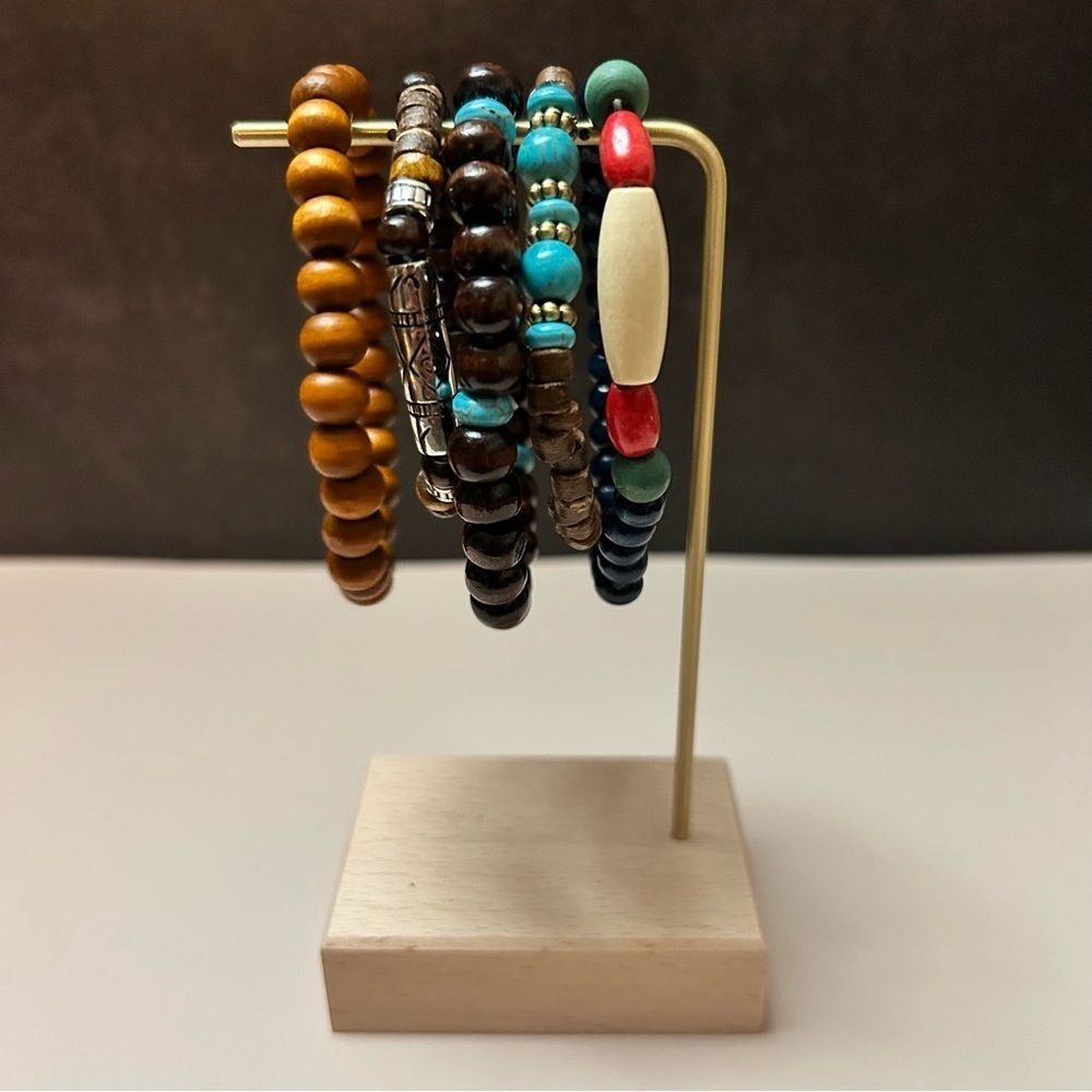 5 Piece Multicolor Brown Silver Green Blue Turquoise Beaded Bracelet Set